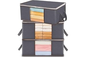 Lifewit 35L Clothes Storage Bag Foldable Storage Boxes with Lids Underbed Wardrobe Storage Organiser with Sturdy Fabric Clear Window for Clothing Bedding Sweaters T-shirts Blankets, 3 Pack, Grey