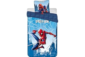 Spider-Man Enkelsäng Påslakan 140x200 + Örngott 70x90 Blå Röd | Vändbart sängset | Naturlig bomull andningsbar Oeko-Tex | Officiell Marvel licens | Pojkar