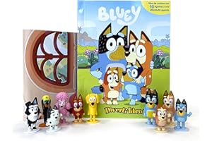 Bluey Diverti-Libros - Libro infantil de cuentos, 10 figuras, 1 alfombra de juego