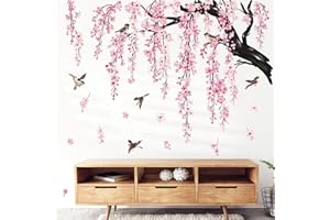 ‎WONDEVER wondever Wandtattoo Kirschblüte Rosa Baum Ast Groß Wandaufkleber Hängende Blumen Blüten Vögel Wandsticker Wanddeko für Wohnzimmer Schlafzimmer Sofa Hintergrund