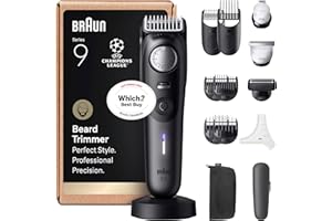 Braun Beard Trimmer Men Series 9, +14 Barbering Tools, Power Boost & Lifetime Sharp ProBlade, 180 Min, with Fade, 52 Lengths, PrecisionWheel & Lock, Waterproof, BT9565, Titanium