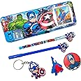 TISHNA Plastic Avenger Pencil Box Integrated Sharpener And Calculator,Magnetic Lock,Dual Compartments,Cartoon Stationery Case School Kit For Girls,Kids,Students Combo Set Of 6In1-Multicolor