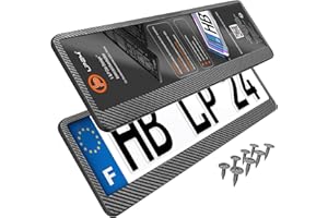 L & P CAR DESIGN Lot de 2 - Supports de Plaque d'Immatriculation Voiture - [Simple, Rapide & sûr] - Porte Plaque Immatriculation pour Voiture - Auto Fixation pour Plaque - 52x11cm Discret Universel - Optique Carbone