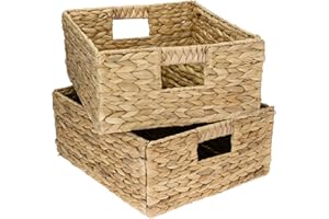 HMF Panier de rangement en osier tressé, jacinthe d'eau naturelle, boîte solide et décorative, panier osier rectangulaire compatible Kallax demi-étagère | Set de 2 | 30 x 34 x 15 cm