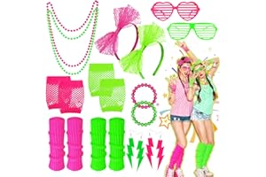 Shepinsky 80s Fancy Dress for Women,1980s Fancy Party Costumes Accessories Set,80s Outfits Neon Mesh T-Shirt,Leg Warmers Fishnet Gloves Headband Earrings Bracelets Necklaces for Retro Party Dress up