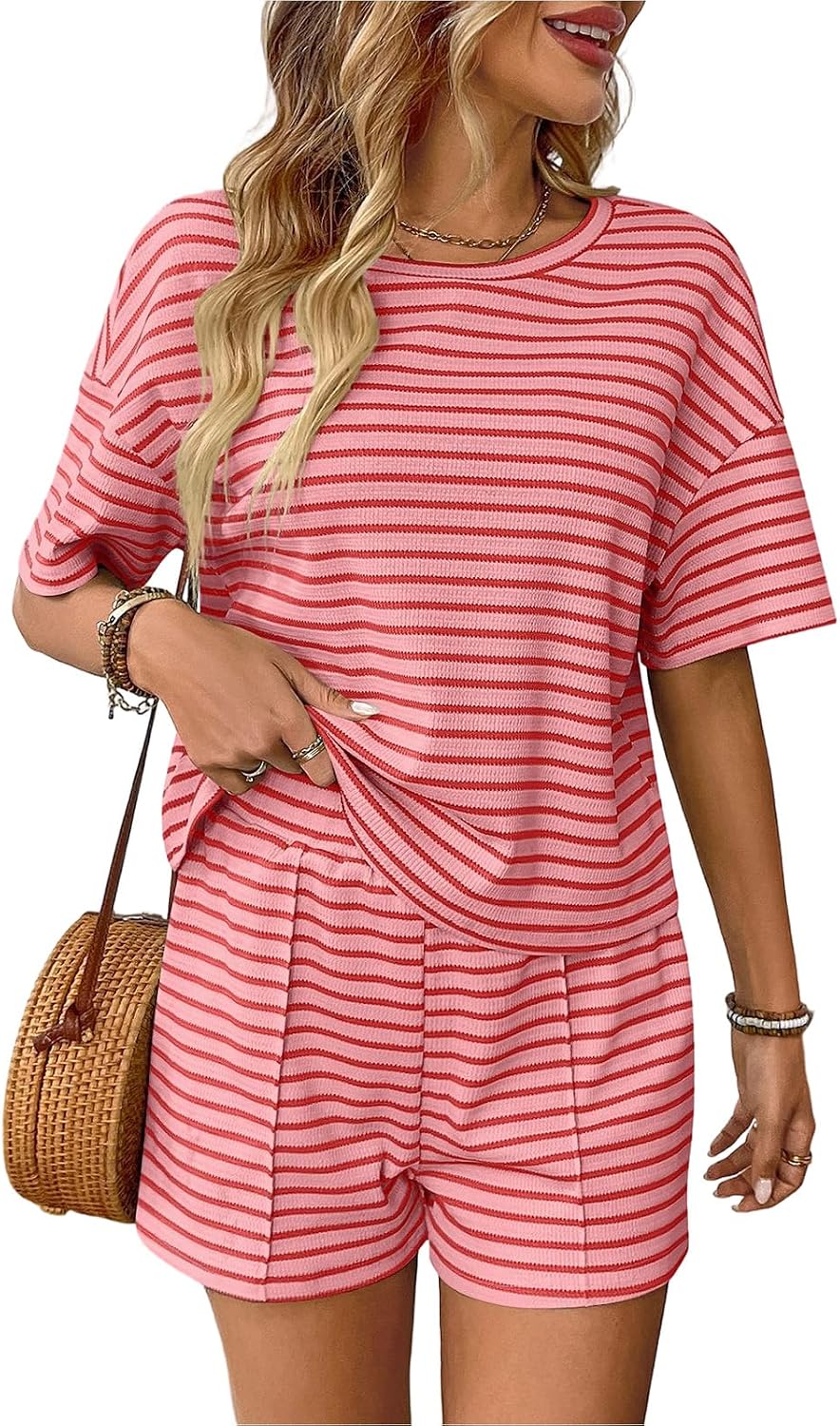 crazy bean Conjunto Chándale Mujer Verano 2 Piezas Casual Pantalones Cortos y Top Camiseta Manga Corta Camiseta Manga Corta a Rayas Cuello Redondo Deportivo