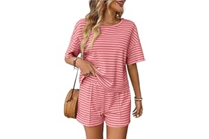 crazy bean Conjunto Chándale Mujer Verano 2 Piezas Casual Pantalones Cortos y Top Camiseta Manga Corta Camiseta Manga Corta a Rayas Cuello Redondo Deportivo