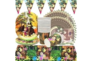 SHAMOPARTY 62 pezzi, set di stoviglie per feste di compleanno per bambini, accessori per 20 persone, Masha e Orso, piatti di carta, tazze, tovaglioli, striscioni per bambini