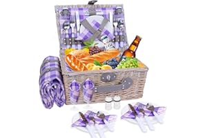 ‎HYBDAMAI HYBDAMAI Picnic Basket Set for 4 People with Cooling Compartment and Waterproof Picnic Blanket, Removable Strap, Wine Bag, Cutlery Set, for Camping, Beach, Hiking, BBQ and Family/Couples Gifts,