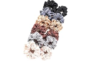 CROMPI Chouchou Cheveux Femme Et Enfant, 12 Pcs D'Accessoire Cheveux. Élastique Cheveux, Scrunchies Satin De Soie Anti-Statique, Accessoires De Coiffure Et Bed Scrunchie (Gris Et Marron)
