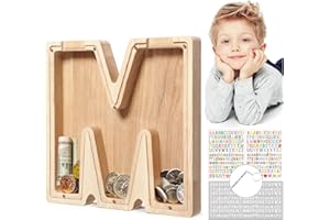 MoneRffi Personalized Letters Wooden Piggy Bank, A-Z Letters Coin Bank Money Box with Clear Alphabet Stickers, Money Saving Bank For Family Christmas Home DIY Decoration Birthday Gift M