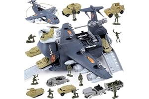 deAO Kit de Jouets Militaires avec 10 Figurines Soldats,10 Véhicules, Avion de Combat Miniature, Avions Jouets Transporteur Ensemble Cadeau pour Enfants 3-12 Ans (Armée, Char, Soldat de Combat)
