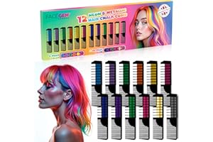 FACEGEM LONDON 12 Hair chalks comb, 12 NEON & METALLIC hair chalk, Non-Toxic Easy Washable Hair Dye Colourful, METALLIC & NEON hair chalk -Perfect for Festivals, Halloween, Party, hair chalks for girls