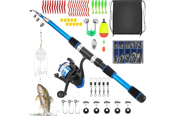 Starvortex startset för barn, 45 cm – 176 cm teleskopiskt fiskespö och rulle, inkluderar mjuka drag, linekrokar, bärväska, resefiskespön, idealisk utomhusleksak, gåva för pojkar flickor nybörjare