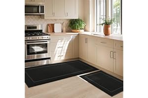 JSEI Non-Slip Kitchen Mats, Self Adhesive No Sliding Kitchen Rugs Set of 2, Soft Washable Absorbent Floor Rugs for Area Rug, Kitchen, Entrance, Bathroom, Bedroom, 61x91cm+61x152cm, Black