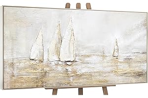YS-Art Abstrakt Acryl Gemälde auf Leinwand Sonnenblendung handgemalt Wandbilder Wohnzimmer modern Wohndekor Bilder Büro Segelboote im Meer echte Kunst mit Rahmen 120x60 cm
