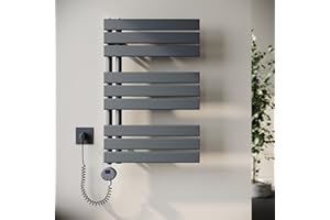 SONNI Grzejnik łazienkowy, elektryczny ogrzewacz do ręczników z termostatem, pręt grzejny, antracyt, 762 x 500 mm, 400 W, płaska suszarka do ręczników, elektryczny grzejnik na ręczniki do łazienki z