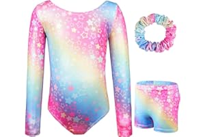AOOWU 3-częściowy zestaw gimnastyczny, dziewczęcy Leotards z szortami i opaską, gradientowe kolory błyszczące body z dekoltem w kształcie litery Y, długi rękaw/bez rękawów