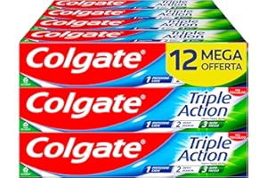 Colgate - Dentifricio Triple Action 12x75ml (Consegna in 48 Ore), Dentifricio Protezione contro la Carie, Denti Bianchi, Alito Fresco, Protezione Smalto, Formula Sbiancante e Rinfrescante