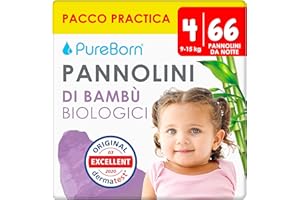 ‎PUREBORN PureBorn Bio Bambus Nachtwindeln, Größe 4 (9-15 kg), 66 Stück Pyjama Windeln Pants, Auslaufschutz für die ganze Nacht, Extra Absorption, Geruchsschutz, Höschenwindeln mit Nässeindikator