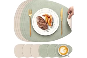YIHELU Tischsets Abwaschbar und Untersetzer Oval 6er Set, Lederoptik Platzsets Abwaschbar Doppelseitigen Kunstleder rutschfest, Platzdeckchen für Esszimmer (Mintgrün/Elfenbein, Oval 6er Set)