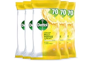 Dettol Antibacterial Multipurpose Cleaning Wipes, Citrus Zest, 350 Wipes (70 x 5pck) Disinfectant, Biodegradable, 10X Cleaning power vs Water alone, Kills 99.9 Percent of Germs
