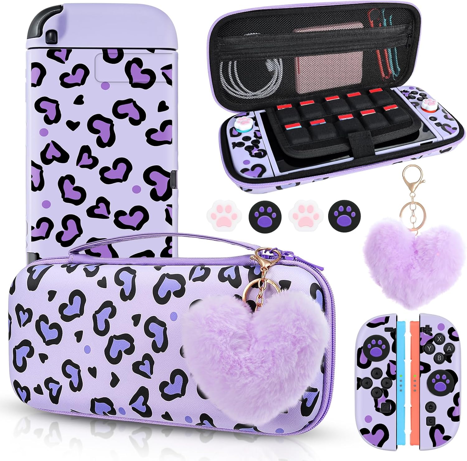 DLseego Carry Case for Switch 2,Heart Leopard Portable Storage Travel Game Carrying Case with NS 2 Dockable Protective Cover,4PCS Thumb Grip Cap and 1PC Plush Heart Charm,Purple