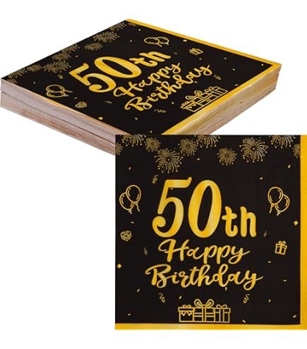 Tovaglioli Per 50° Compleanno - 20 Pezzi 33x33cm Nero E Oro Rosa - Foto 4