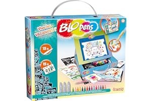 BLOPENS - Reisekoffer Hurra Ferien - Für Kinder ab 5 Jahren - Zeichen- und Malset mit Airbrush-Effekt - 15 Mini-Stifte, 15 Schablonen & 15 Zeichenblätter - Reiseformat - Lansay