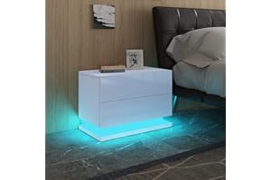 T AUNTY STORE Bedside Table, Modern Side Table Bed Storage Unit with 2 Drawers, Wooden Nightstand LED Light High Gloss for Living Room Bedroom White