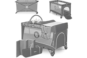 lionelo Flower Camita de Viaje 4 en 1 65 x 125 x 76 cm para niños hasta 15 kg Colchón Organizador Cambiador Toy Bar Juguetes interactivos 2 Reudas Compacta Bolsa para Transportar Gris (Grey Stone)