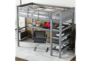 KecDuey Hochbett,Etagenbett,Kinderhochbett mit Lattenrost aus Holz,mit Leitern,Ablagefächern und Unterbettschreibtisch (Grau, 90 x 200cm)