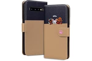 Rnrieyta Miagon für Samsung Galaxy S10 Plus Hülle,Cartoon Cute Hund Katze Handyhülle Gespleißt Brieftasche Klapphülle mit Kartenfach Ständer PU Leder Flip Case Cover Magnetverschluss,Kaffee