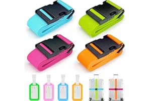 AULESE Koffergurte 4 Stück, Verstellbare Kofferband mit Adressschild, 4 Farben Kreuzgurt Kofferbänder für Koffer Markierung, Reisezubehör Gepäckgurt Luggage Strap zum Sicheren Verschließen (4 Farben)