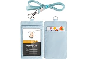 Teskyer Uchwyt na identyfikator, uchwyt na identyfikator na szyję, 2 miejsca na karty, ze skóry PU, z przezroczystą smyczą nylonową, lodowo-niebieski