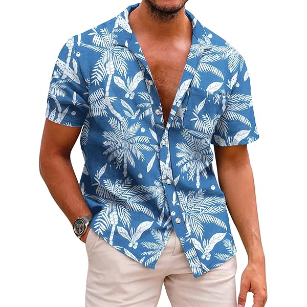 Chemise Hawaïenne V.H.O. Funky - Imprimé Plage Et Palmiers - Manches Courtes - Plusieurs Couleurs - Taille 4XL - Bleu