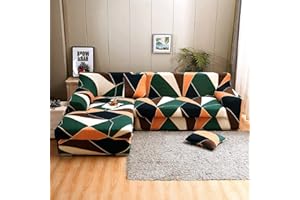 ShowyLive Housse de Canapé d'angle 3 Places+3 Places Lot de 2 Housse de Canapé Élastique en Forme de L (180-230cm, Vert/Orange)