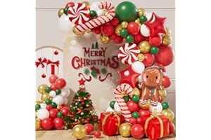CONLEKE Christmas Garland Arch Kit with 126pcs Balloons - Red, Green, White, Gold; Includes Gingerbread Man, Red Star and Candy Cane Balloons for Party Decorations