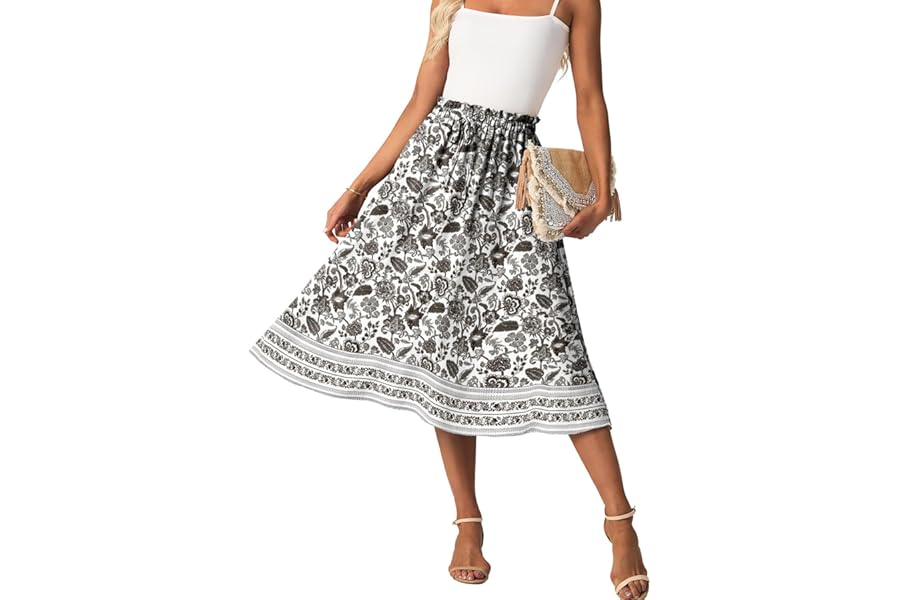 GRECERELLE Womens Summer Midi Skirts Boho Flowy Casual High Waisted Palazzo A-Line Skirt with Pockets & Adjustable Tie Belt