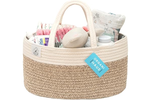 OrganiHaus Panier Rangement en Corde pour Bébés, Couches et Puériculture, Cadeaux Nouveau Né, Organiseur Bébé avec Poignées, Marron