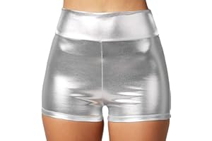 dressforfun 901007 Damen Metallic Hotpants, glänzende Shorts mit hoher Taille, eng anliegende Kurze Hose für Tanz Sport Disco Kostüm Fasching Karneval - Diverse Größen -