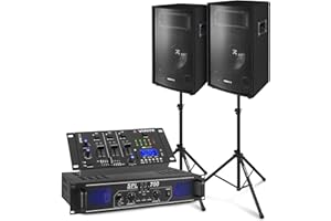 SkyTec - DJ Lautsprecher Set, Mobile PA Anlage Komplettset 700 Watt, mit Mischpult, Verstärker, Stativen und Kabeln, DJ Set Komplett, 12 Zoll DJ Boxen Set, 8 Ohm PA System, DJ Anlage für Beginner