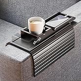 Bestjing Bamboo Couch Armrest Tray 2 in 1 - Cup Holder & Sofa Arm Tray - Anti-Slip, Foldable - Black