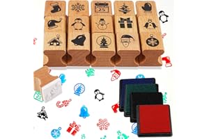 HOWAF Weihnachten Hölzern Stempel Set mit Stempelkissen zum Drucken Stempeln, Tinte für Kinder DIY Basteln Scrapbooks Gastgeschenk Kindergeburtstag Mitgebsel