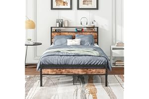 BORPHOM Metalowe łóżko 120 x 200 cm, rama łóżka ze stelażem, drewniana rama łóżka z miejscem do przechowywania, zagłówek, dla dorosłych, dzieci, młodzieży, łóżko podwójne, 120 x 200 cm, kolor brązowy