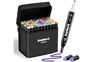 AnyMark Zestaw 60 Kolorowych Markerów Alkoholowych, Podwójna Końcówka Ścięta i Cienka, Markery Alkoholowe dla Dzieci i Dorosłych, Do Kolorowania i Rysowania, Czarna Obudowa