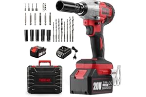 TEENO Clé à chocs sans fil Brushless, 320Nm Boulonneuse a Choc avec 3.0Ah Batterie, Boulons de Roue, Boîte avc 25pcs Accessoires (Une batterie)