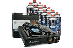 Eurocatch Gasspis för Camping - inkl. 12 Gaskassetter - Gasolkök - Campingkök - Gashäll - Gasbrännare - Gasspis - Kokare - Bä