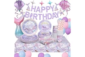 yosiio Meerjungfrau Partygeschirr Set, Geburtstag Party Geschirr, Pappteller Kindergeburtstag Deko mit Luftballons Servietten Tischdecke Party Geschirr für Meerjungfrau Deko Kindergeburtstag 16 Gäste