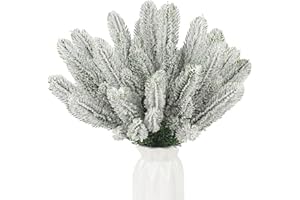 HBell 24Pcs Artificial Pine Needles Branches Twigs 26cm Fake Frosted Picks Greenery Stems Christmas Pine Tree Pick Winter Faux Fir Sprays Twig for Christmas Wreaths Season Decor (White)